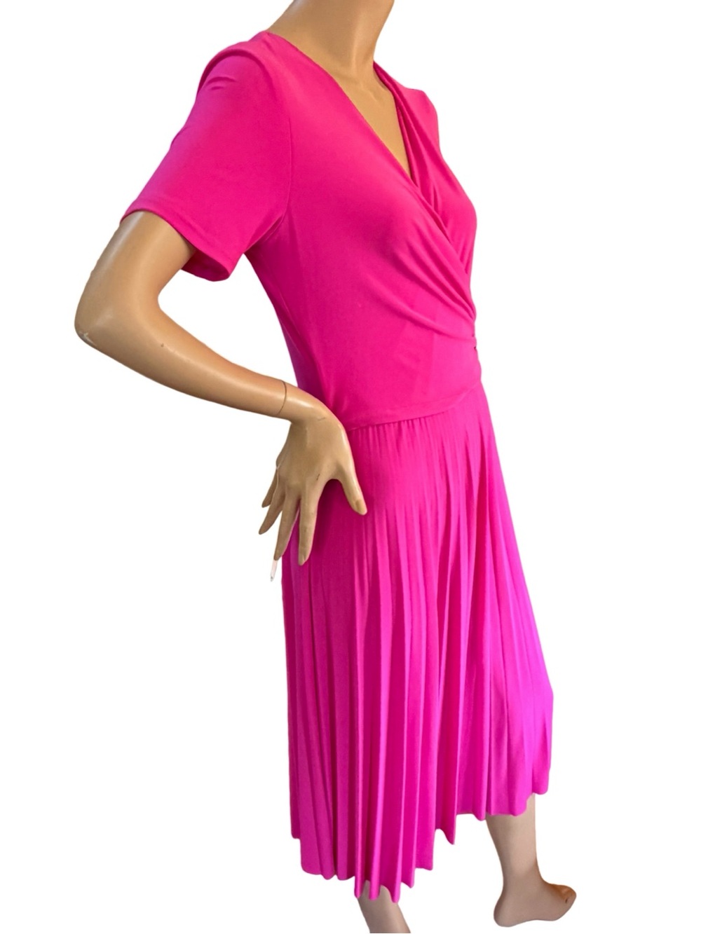 Joseph Ribkoff NWOT Fuchsia Pleated Midi Ruched Wrap Dress Made in Canada Sz 10 - Picture 5 of 15